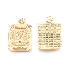 Letter V Brass Pendants, with Jump Rings, Cadmium Free & Nickel Free & Lead Free, Rectangle with Letter, Real 18K Gold Plated, Letter.V, 22.5x16x2mm, Jump Ring: 5x1mm, 3mm inner diameter