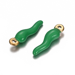 Green Ion Plating(IP) 304 Stainless Steel Pendants, Enamelled Sequins, Horn of Plenty/Italian Horn Cornicello, Golden, Green, 18x5x3.5mm, Hole: 1mm