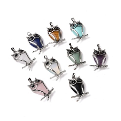 Mixed Stone Natural & Synthetic Gemstone Pendants, with Antique Silver Tone Alloy Findings, Cadmium Free & Lead Free, Owl Charm, 50x32x9mm, Hole: 7x5mm