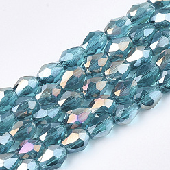 Bleu Acier Perles en verre electroplate, de couleur plaquée ab , facette, larme, bleu acier, 7.5~8x6mm, Trou: 1mm, Environ 66~68 pcs/chapelet, 22.6 pouce