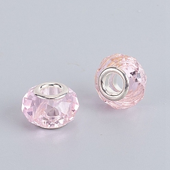 Pink Verre à facettes perles européennes, Perles avec un grand trou   , avec de l'argent âme en laiton de tonalité, rondelle, rose, 13.5~14x8.5~9mm, Trou: 5mm
