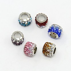 Mixed Color Brass Pave Polymer Clay Grade A Rhinestone Column European Beads, Mixed Color, 8.5x7.5mm, Hole: 5mm