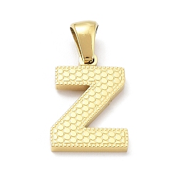 Letter Z Revestimiento de iones (ip) 316l colgantes de acero inoxidable quirúrgico, real 18 k chapado en oro, encanto de la letra, textura, letra z, 17x12x1.6 mm, agujero: 3.5 mm