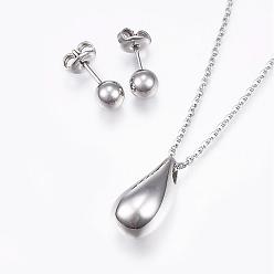 Stainless Steel Color 304 Stainless Steel Jewelry Sets, Pendant Necklaces and Ball Stud Earrings, teardrop, Stainless Steel Color, 18.11 inch(46cm), 16mm, Pin: 1mm