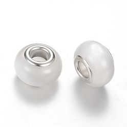 WhiteSmoke Resin European Beads, Imitation Cat Eye, Large Hole Beads, with Silver Color Plated Brass Cores, Rondelle, WhiteSmoke, 14x8~8.5mm, Hole: 5mm