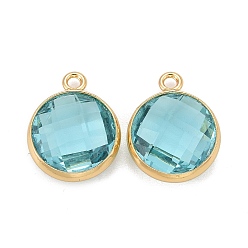Light Blue Glass Charms, with Real 18k Gold Plated Brass Findings, Long-Lasting Plated, Lead Free & Nickel Free & Cadmium Free, Faceted Flat Round, Light Blue, 6x4x1.5mm, Hole: 0.9mm