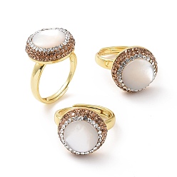 White Adjustable Shell Pearl Ring with Rhinestone, Golden Brass Wide Ring for Women, White, Inner Diameter: 17.5~22mm