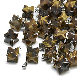 Tiger Eye Natural Tiger Eye Pendants, with Stainless Steel Snap On Bails, Merkaba Star, 21~23x16~17x16~17mm, Hole: 6x4mm