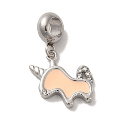 PeachPuff 304 Stainless Steel Enamel European Dangle Charms, Large Hole Pendants with Crystal Rhinestone, Unicorn, Stainless Steel Color, PeachPuff, 26mm, Pendant: 15x16x2.5mm, Hole: 4.5mm