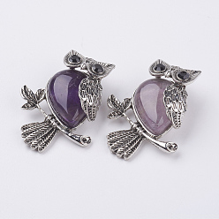 Amethyst Natural Amethyst Pendants, with Alloy Finding, Owl, Antique Silver, 46.5x35.5x11.5mm, Hole: 6x8.5mm