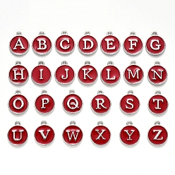 Dark Red Initial Letter A~Z Alphabet Enamel Charms, Flat Round Disc Double Sided Charms, Platinum Plated Enamelled Sequins Alloy Charms, Dark Red, 14x12x2mm, Hole: 1.5mm, 26pcs/set