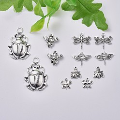 Antique Silver Insect Theme, Tibetan Style Alloy Pendants, Dragonfly, Beetle, Dragonfly, Bee, Ladybug, Butterfly with Word Create for You, Antique Silver, 24pcs/set
