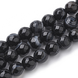 Black Natural Striped Agate/Banded Agate Beads Strands, Dyed, Faceted, Round, Black, 8mm, Hole: 1.2mm, about 45pcs/strand, 15.3 inch