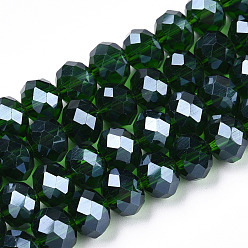 Dark Green Electroplate Glass Beads Strands, Pearl Luster Plated, Faceted, Rondelle, Dark Green, 10x8mm, Hole: 1mm, about 65~66pcs/strand, 20.8~21.2 inch(53~54cm)