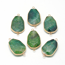 Green Natural Crackle Agate Links connectors, with Brass Findings, Dyed, Faceted, Golden, Green, 39~40x23~24x8~9mm, Hole: 2mm