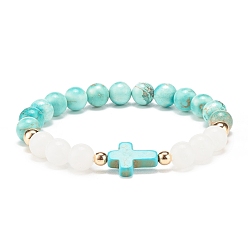 Turquoise Natural White Jade & Howlite & Synthetic Turquoise(Dyed) Stretch Bracelet with Cross, Gemstone Jewelry for Women, Turquoise(Dyed), Inner Diameter: 2-1/8 inch(5.3cm)