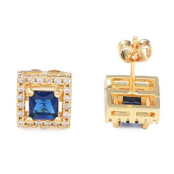 Cadet Blue Cubic Zirconia Square Stud Earrings, Golden Brass Jewelry for Women, Nickel Free, Cadet Blue, 9.5x9.5mm, Pin: 0.7mm