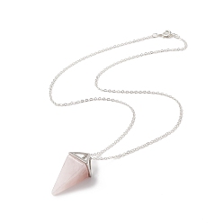 Cone Natural Rose Quartz Geometry Pendant Necklace, Platinum Brass Jewelry for Women, Cone, 18.50 inch(47cm), Pendant: 35x15x15mm