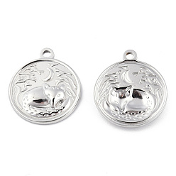 Stainless Steel Color 201 Stainless Steel Pendants, Flat Round with Fox Charm, Stainless Steel Color, 23.5x20.5x3mm, Hole: 2mm