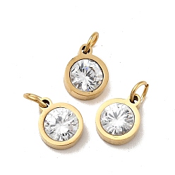 Clear Vacuum Plating 304 Stainless Steel Pendants, with Cubic Zirconia and Jump Rings, Single Stone Charms, Flat Round, Golden, Clear, 9.5x7.5x3mm, Hole: 3.6mm