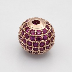 Rose Gold CZ Brass Micro Pave Grade AAA Magenta Color Cubic Zirconia Round Beads, Cadmium Free & Nickel Free & Lead Free, Rose Gold, 6mm, Hole: 1.5mm