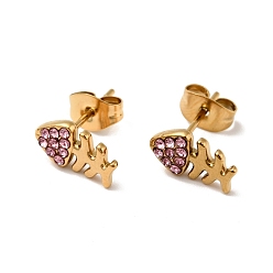 Light Rose Rhinestone Fishbone Stud Earrings with 316 Surgical Stainless Steel Pins, Gold Plated 304 Stainless Steel Jewelry for Women, Light Rose, 10.5x6mm, Pin: 0.7mm