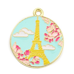 Gold Alloy Enamel Pendants, Golden, Flat Round with Eiffel Tower Pattern, Gold, 27x22x1.5mm, Hole: 1.8mm
