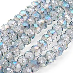 Dark Turquoise Electroplate Glass Beads Strands, Rainbow Plated, Faceted, Rondelle, Dark Turquoise, Size: about 10mm in diameter, 8mm thick, hole: 1mm, about 72pcs/strand