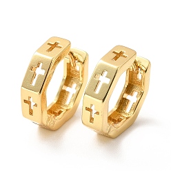Настоящее золото 18K Латунные полые серьги-кольца с крестом для женщин, без свинца, без кадмии и без никеля, реальный 18 k позолоченный, 13.5x13.5x3.5 мм, штифты : 1 мм