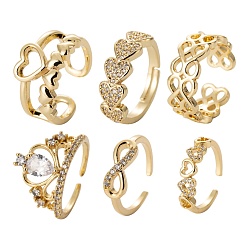 Real 18K Gold Plated 6Pcs 6 Styles Brass Micro Pave Clear Cubic Zirconia Cuff Rings, Open Rings, Long-Lasting Plated, Heart & Hollow Flower & Infinity, Real 18K Gold Plated, Inner Diameter: 16~17mm, 1pc/style