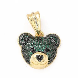 Green Rack Plating Brass Micro Pave Cubic Zirconia Pendants, Cadmium Free & Lead Free, Real 18K Gold Plated, Long-Lasting Plated, Bear Head Charm, Green, 18x19.5x7mm, Hole: 4x8mm