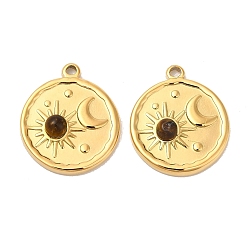Tiger Eye Ion Plating(IP) 316 Stainless Steel Flat Round Pendants, Natural Tiger Eye Sun & Moon Charms, Real 24K Gold Plated, 21.5x18x4.5mm, Hole: 1.6mm