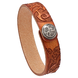 Sandy Brown Branch Pattern Cowhide Cord Bracelets, with Alloy Button, Sandy Brown, 8-5/8 inch(22cm)