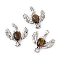 Tiger Eye Natural Tiger Eye Pendants, Bird Charms, with Platinum Tone Brass Findings, Cadmium Free & Nickel Free & Lead Free, 36~37x37.5~38.5x9~9.5mm, Hole: 7.5x5mm