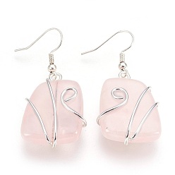 Rose Quartz Natural Rose Quartz Dangle Earrings, with Silver Color Plated Brass Findings, Rectangle, 47mm, Pin: 0.7mm