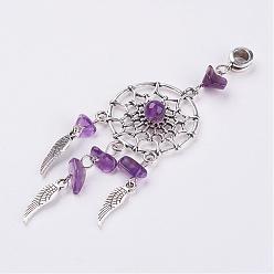 Amethyst Tibetan Style Alloy European Dangle Charms, with Natural Chip Amethyst, Woven Net/Web with Feather, 92.5mm, Hole: 5mm