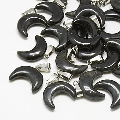Black Agate Natural Black Agate Pendants, with Stainless Steel Snap On Bails, Moon, Dyed, Stainless Steel Color, 18~19x20x6mm, Hole: 6x2.5mm