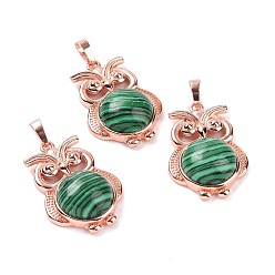 Malachite Synthetic Malachite Pendants, Owl Charms, with Rose Gold Tone Rack Plating Brass Findings, 35x23.5x8~9mm, Hole: 8x5mm