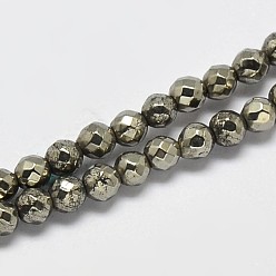 Pyrite Natural Pyrite Round Beads Strands, Faceted, Grade A, 4mm, Hole: 1mm, about 100pcs/strand, 14.96~15.16 inch(38~38.5cm)