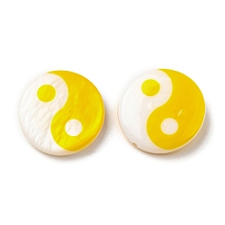 Gold Printed Natural Freshwater Shell Beads, Yin Yang Flat Round Beads, Gold, 15x3~3.5mm, Hole: 0.7mm