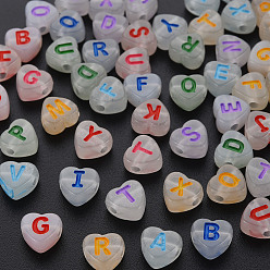 Couleur Mélangete Perles acryliques lumineuses, trou horizontal, coeur avec des lettres aléatoires, couleur mixte, 7x7x4mm, Trou: 1.6mm, environ3600 pcs / 500 g