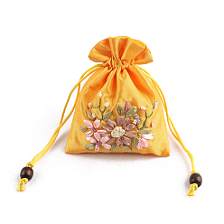 Gold Flower Pattern Satin Jewelry Packing Pouches, Drawstring Gift Bags, Rectangle, Gold, 14x10.5cm