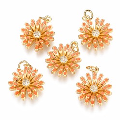 Sandy Brown Brass Micro Pave Clear Cubic Zirconia Pendants, Long-Lasting Plated, with Enamel & Jump Rings, Flower, Real 18K Gold Plated, Sandy Brown, 18.2x15.7x5.2mm, Hole: 3mm,  jump ring: 5x1mm