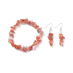 Red Agate Natural Red Agate Chips Beaded Jewelry Set, Gemstone Stretch Bracelets & Dangle Earrings for Women, Platinum, 35mm, Pin: 0.5mm, Inner Diameter: 2-1/8 inch(55mm)