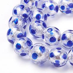 Blue Handmade Silver Foil Lampwork Beads Strands, Round, Polka Dot Pattern, Blue, 12mm, Hole: 1mm, 25pcs/strand, 11.2 inch