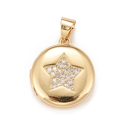 Clear Brass Micro Pave Cubic Zirconia Locket Pendants, Photo Frame Charms for Necklaces, Real 18K Gold Plated, Lead Free & Cadmium Free, Flat Round with Star, Clear, 18.5x16x4.5mm, Hole: 4mm, Inner Diameter: 11mm