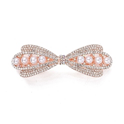 Rose Gold Alloy Crystal Rhinestone Hair Barrettes, with Imitation Pearl Beads, Bowknot, Rose Gold, 25.5x78.5x22.5mm