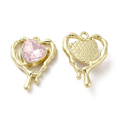 Pink Glass Melting Heart Pendant, with Light Gold Alloy Findings, Lead Free & Cadmium Free, Pink, 20x15.5x5.5mm, Hole: 1.4mm
