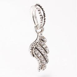 Crystal Alloy European Dangle Charms, with Rhinestones, Wing, Large Hole Pendants, Antique Silver, Crystal, 30~31mm, Hole: 5x8mm