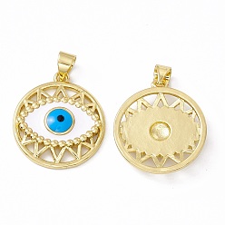 Real 18K Gold Plated Rack Plating Brass Charms, with Enamel, Long-Lasting Plated, Cadmium Free & Lead Free, Flat Round with Evil Eye, Real 18K Gold Plated, 21x19x4mm, Hole: 4x3mm